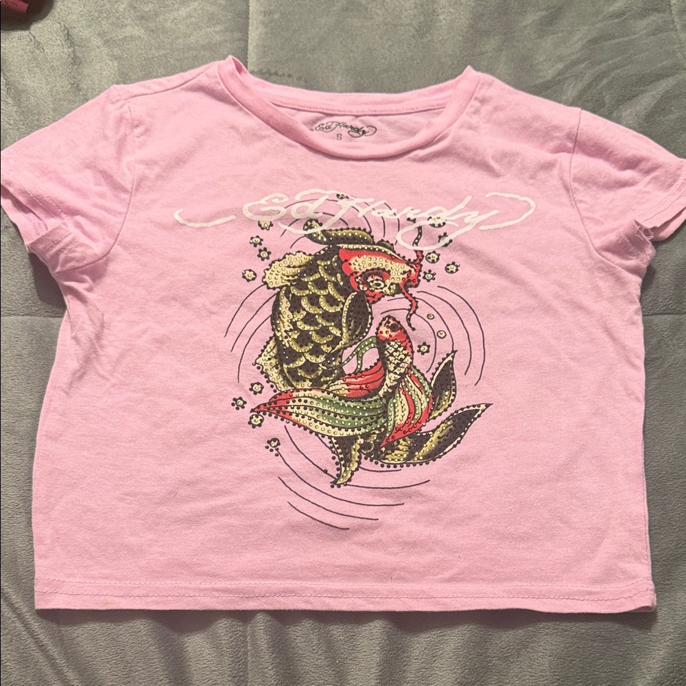 Ed Hardy Pink Crop Top with Koi Design